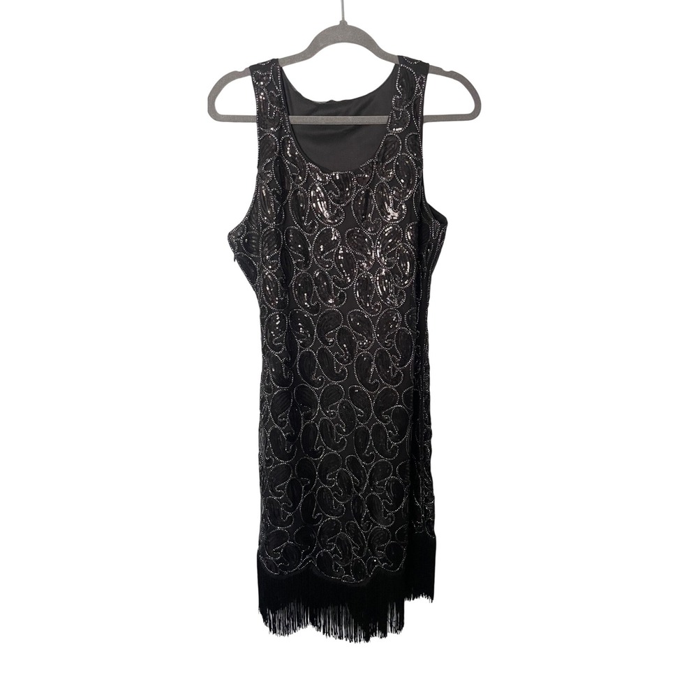 VIJIV Womens 1920s Flapper Dress Black Sequin Paisley Fringe Gatsby Large